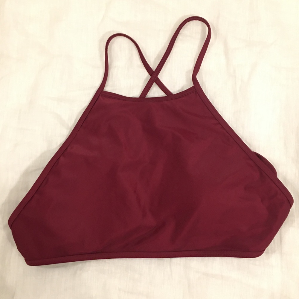 Maroon High Neck Open Back Bikini Top
